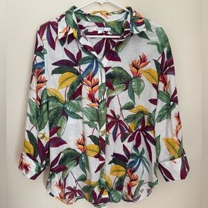 Chico's Tropical Floral 100% Linen Button Front Blouse Size 2 US 12